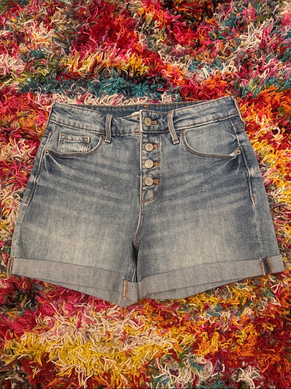 High-Rise Button Fly Front Blue Jean Shorts - Light Denim